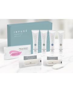 Infuse' - EcoBox Amenity Kits Infused with White Tea Coconut, premium 7-piece sets per case. Spa-inspired, eco-friendly essentials ideal for hotels, Airbnbs, and resorts. Recyclable, guest-ready luxury. Case of 20