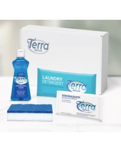 Terra Breeze Dish Kits - laundry, dish, & machine detergents plus sponge in eco-friendly boxes, ideal for hospitality, vacation rentals & guest suites. Case of 20