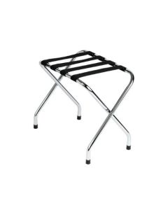 Chrome Finish Luggage Rack - durable 1" steel frame, black webbing, and non-marking feet. Ideal for vacation rental amenities and hotel guest rooms. Case of 4.
