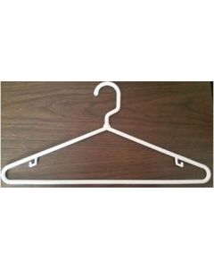 Tubular White Plastic Closet Hangers - lightweight, durable, space-saving with hooks for straps. Ideal for bulk hotel supplies & vacation rental amenities. Case of 144.