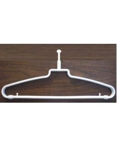 White Plastic Tubular Hanger with Ball Top â€“ Durable, anti-theft design ideal for hotels, vacation rental amenities & bulk hotel supplies. Eco-conscious, sleek & sturdy. Case of 72.