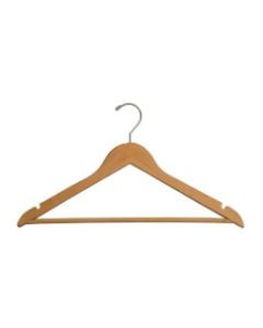 Natural Wood Suit Hanger with Suit Bar - Flat, natural varnish wood with chrome hook; ideal for eco-conscious closets, vacation rental amenities & bulk hotel supplies. Case of 100.