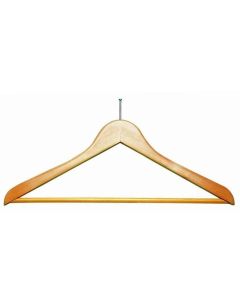 Natural Wood Suit Hanger with Suit Bar - Flat design, natural varnish finish & chrome security ball for upscale vacation rental amenities & bulk hotel supplies. Case of 100.