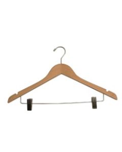 Ladies' Flat Suit Natural Wood Hanger with Clips - Sleek chrome hook, natural finish, and secure clips for suits and skirts; ideal for vacation rental amenities & bulk hotel supplies. Case of 100.