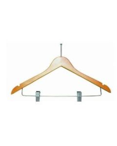 Ladies' Flat Suit Natural Wood Hanger with Clips & Chrome Security Ball - Natural finish, chrome hardware, and secure clips for eco-conscious vacation rental amenities. Case of 100.