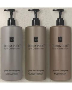 Terra Pure Green Tea Lemongrass Body Wash in 16.23 fl. oz. pump-ready bottles. Ideal for upscale hospitality. Nourish hair with spa-quality care. Case of 12