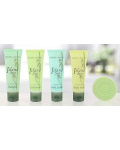 Island Spa - Body Wash infused with Olive Oil, Organic Honey, and Aloe. Gluten-free, Paraben-free, gently cleanses hair with mild tropical fragrance. 1 fl. oz. flip cap tubes, Perfect for Hotels & Vacation rentals. Case of 300